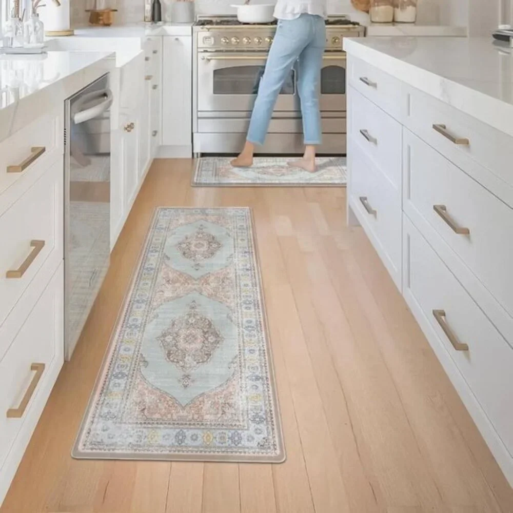 New 2Pcs Pink Kitchen Mat Set, Non Slip Cushioned Anti-Fatigue Floor Rugs
